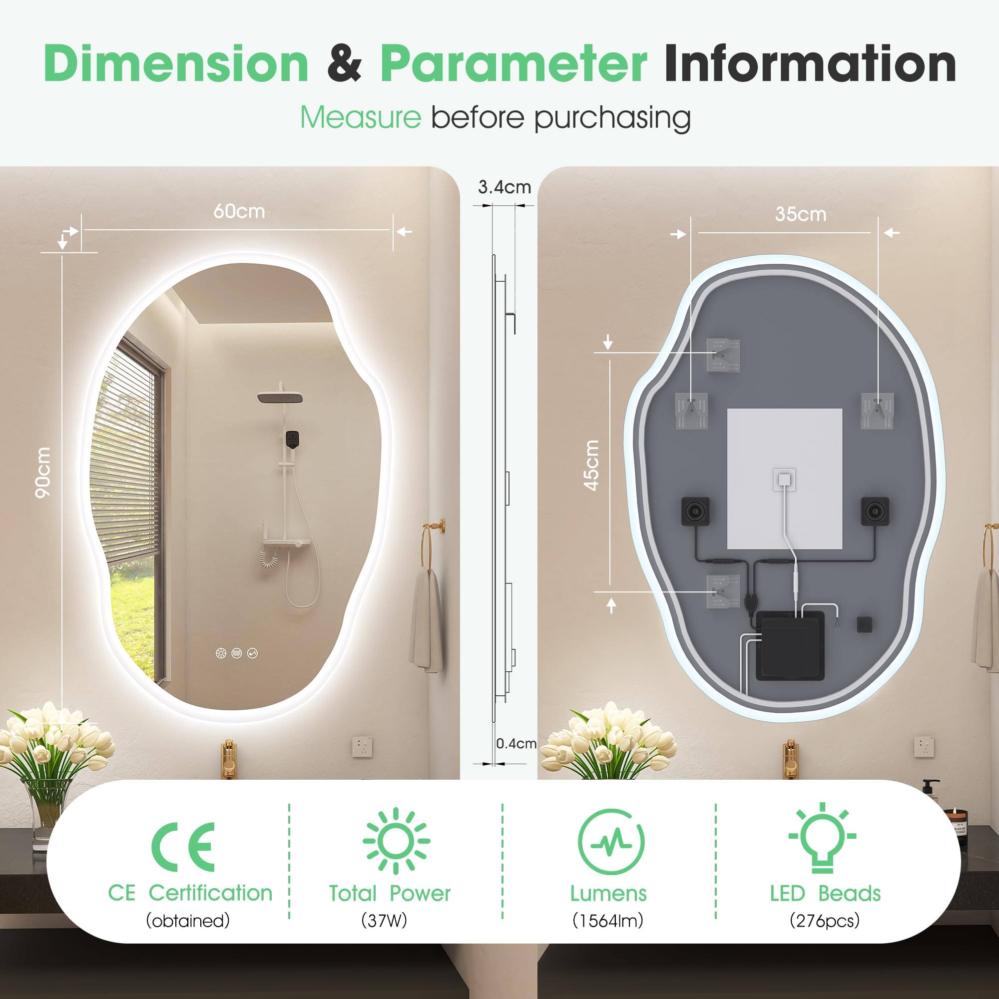 S'bagno Badspiegel-mit-Beleuchtung 600x900 mm, Badezimmerspiegel-mit-Beleuchtung und Bluetooth, Entfoggen, 3000K/4000K/6500K, Dimmbar, IP44-LED-Badspiegel mit Speicherfunktion, Horizontal/Vertikal