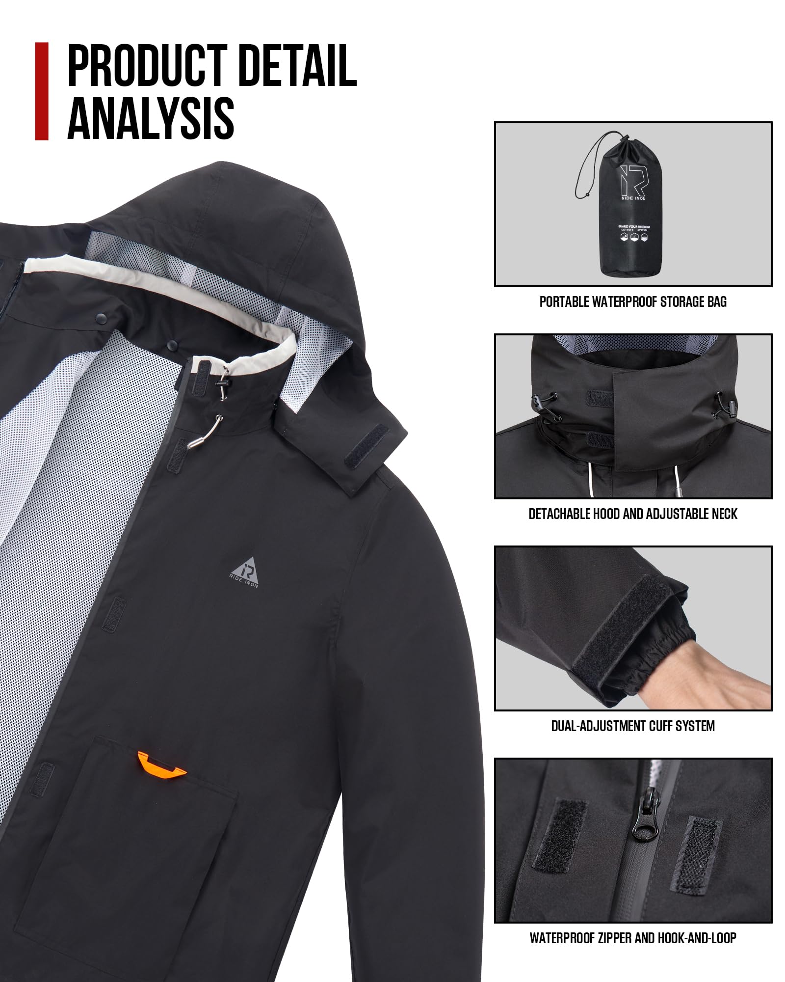 RIDEIRON Combinaison Pluie Moto Homme,Veste imperméable Moto Hommes,Respirante,imperméable,réfléchissante, légère et Coupe-Vent pour Cyclisme,Scooter,Touring,Noir,XL