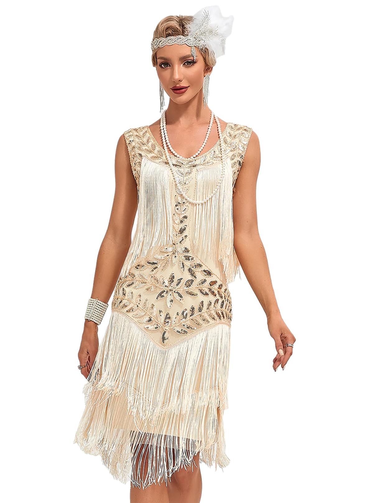 Viloree Robes Femme Flapper V Neck des années 1920 Perles frisées Grande Robe Gatsby
