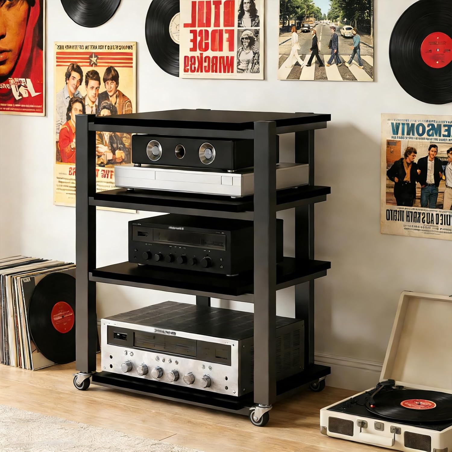 Heavy Duty Audio Component Rack, Wheels with 360° Brakes Av Media Stand, Black Cd Stereo Equipment Cabinet, Suitable for Home,Office/Audio Video/Theate(Black, 4 Tier)