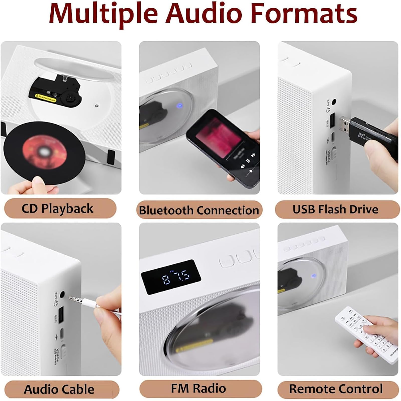 Lettore CD portatile con Bluetooth, radio FM, telecomando, altoparlanti da 45 mm, modalità di riproduzione multiple, compatibile con CD, MP3, WMA, USB, AUX da 3,5 mm, auricolare
