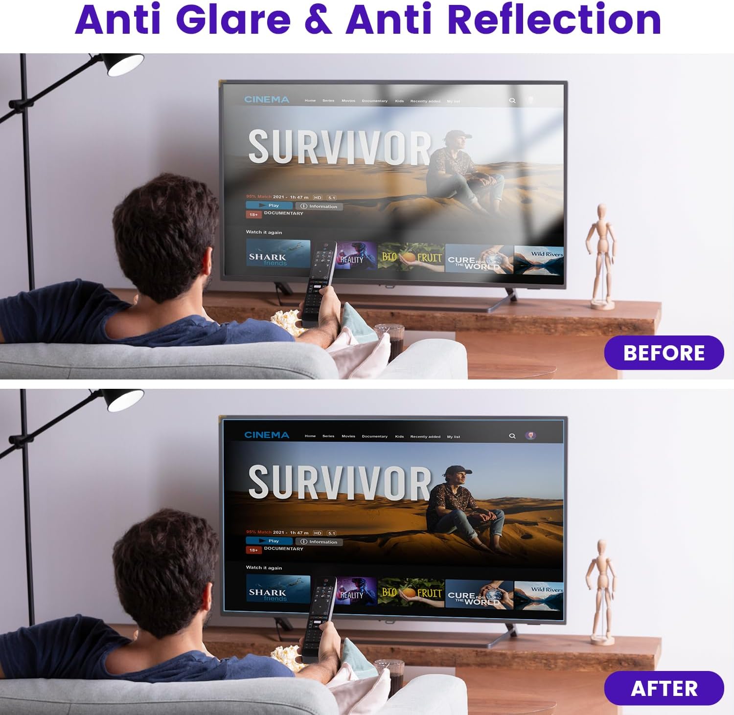 F FORITO 24 inch 16:9 Anti Blue Light Matte TV Screen Protector, Eye Protection Anti Glare Computer Screen Cover Compatible with 24" TV Screen (20.94" W x 11.77" H)