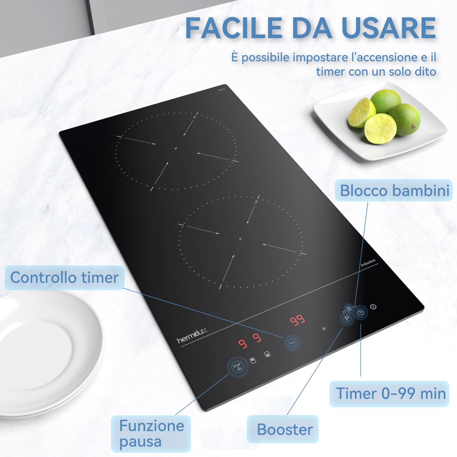 Hermitlux Piano cottura a induzione Domino da incasso 2 zone, 30 cm 3500 W, Vetroceramica nera, 9 livelli + Boost, Touch control, Blocco bambini, Compatto facile da installare