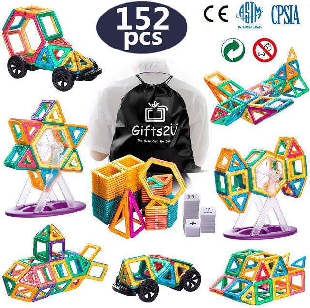 Gifts2U Magnetic Building Blocks,152pcs Magnet Blocks Set Extra Includes 2pcs Wheel 42pcs Letter and Number Educational Tiles, Creative Gift Magnet Construction for Boy and Gril Ages 3-8