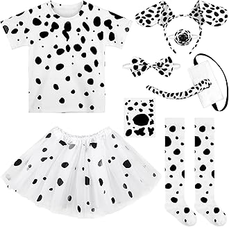 SOMSOC 8 Pieces Halloween Girl Dalmatian Dog Costume Set Halloween T-shirt Knee Socks Headband Tail Tattoo Stickers