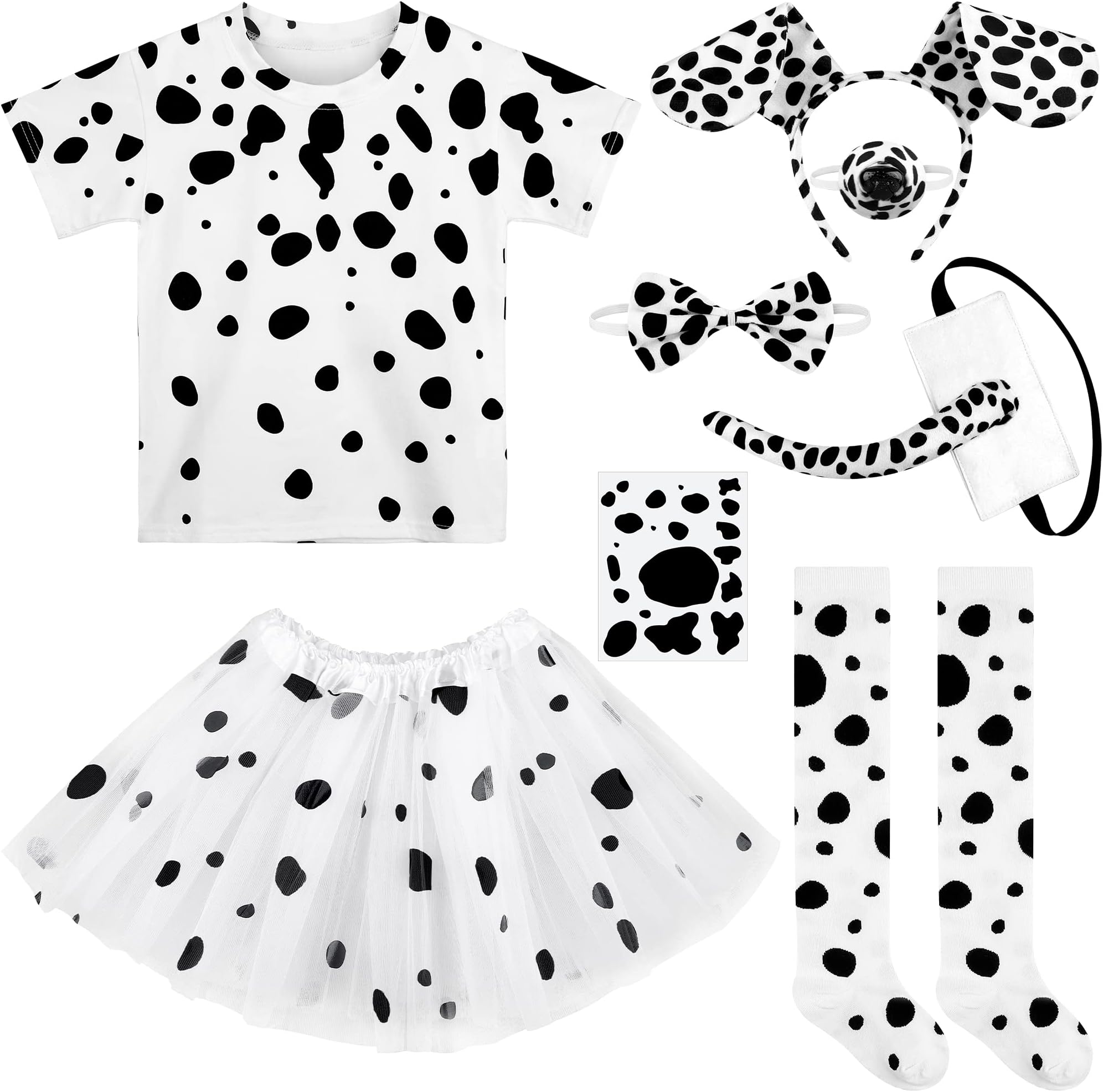 SOMSOC 8 Pieces 100 Days of School Girl Dalmatian Dog Costume Set 100 Days T-shirt Tutu Socks Headband Tail Tattoo Stickers