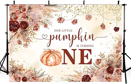 Miniatura 3 de MEHOFOND 6.5 x 4.8 pies, decoración de fiesta de primer cumpleaños, diseño de calabaza con texto en inglés "Little Pumpkin is Turning One",