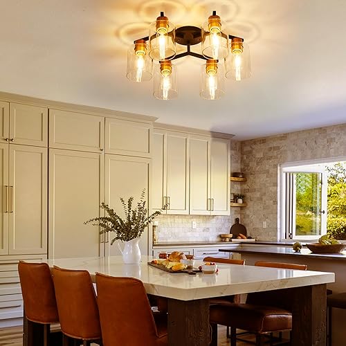 Miniatura 2 de Lámpara de techo de montaje semi empotrado negra y dorada, accesorios de iluminación de cocina vintage de 6 luces, lámparas de techo grandes con