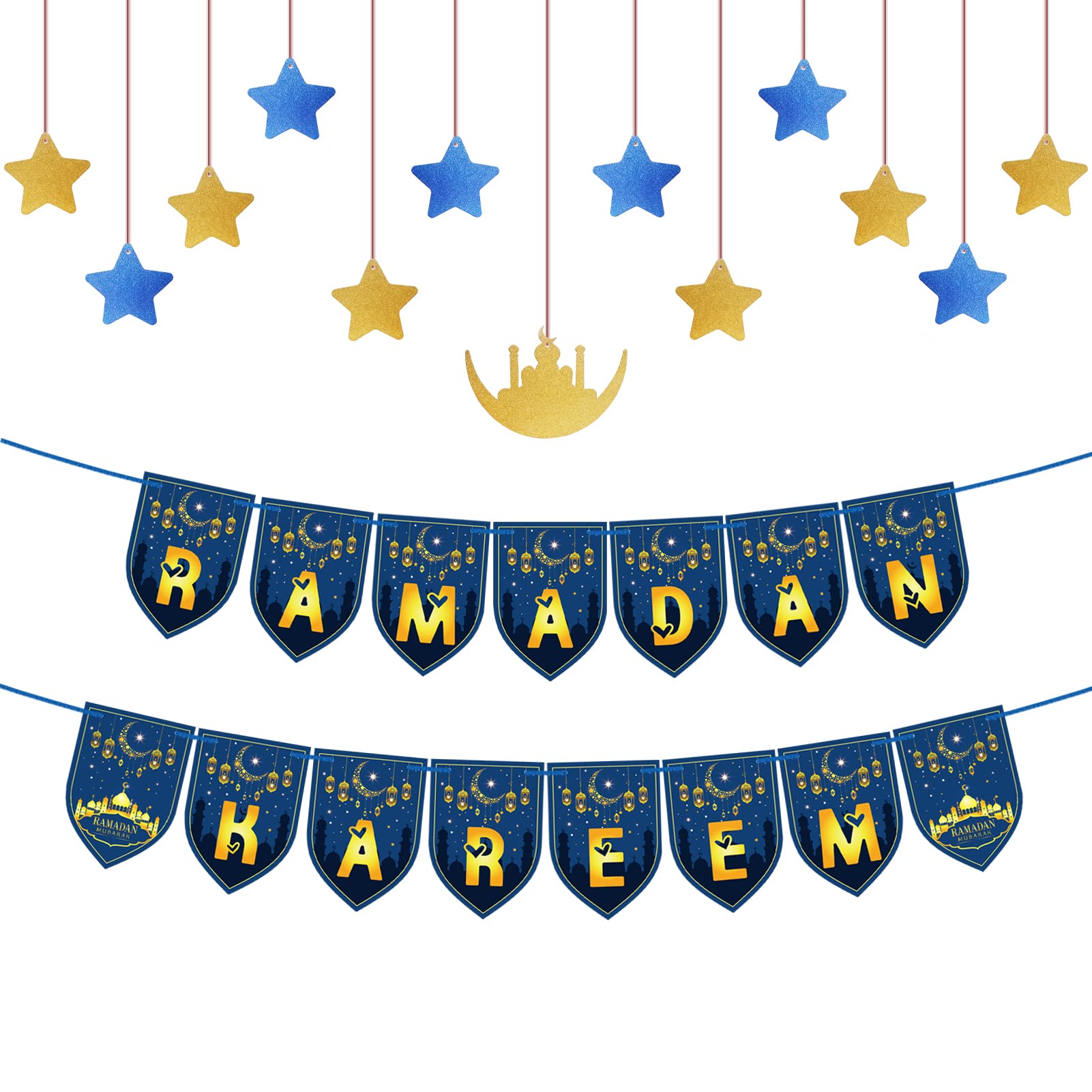 Striscione Ramadan Mubarak – Decorazioni Con Luna E Stelle Glitter Blu E Oro – Set Festa Islamica