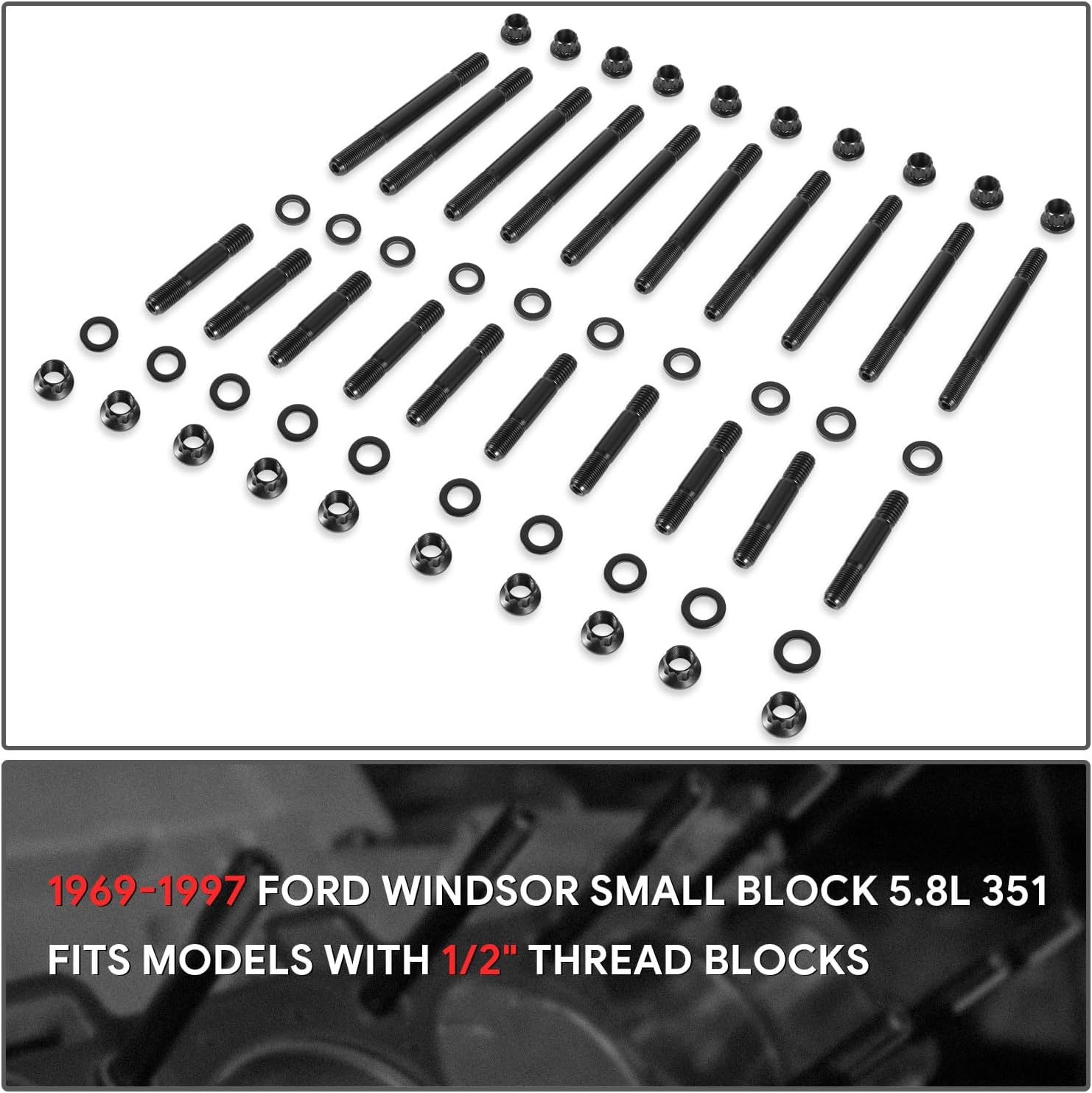 DNA MOTORING Front 12-Point Cylinder Head Studs Compatible with Windsor Small Block 5.8L 351 1969-1997, 190,000 PSI Tensile Strength, LEPOW-111