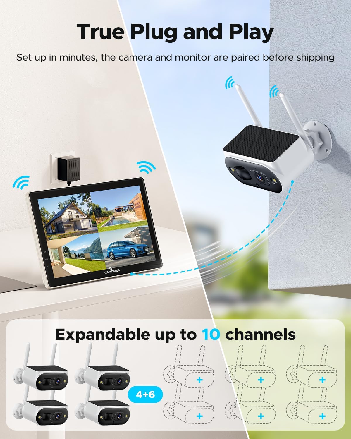 Solar Security Cameras Wireless Outdoor, Quick Installation, No Subscription Cameras for Home Security Camera System, 4MP Color Night Vision, 10CH Expandable, 2.4 5GHz WiFi, 4 Cameras with Monitor Solar Security Cameras Wireless Outdoor, Quick Installation, No Subscription Cameras for Home Security Camera System, 4MP Color Night Vision, 10CH Expandable, 2.4 5GHz WiFi, 4 Cameras with Monitor