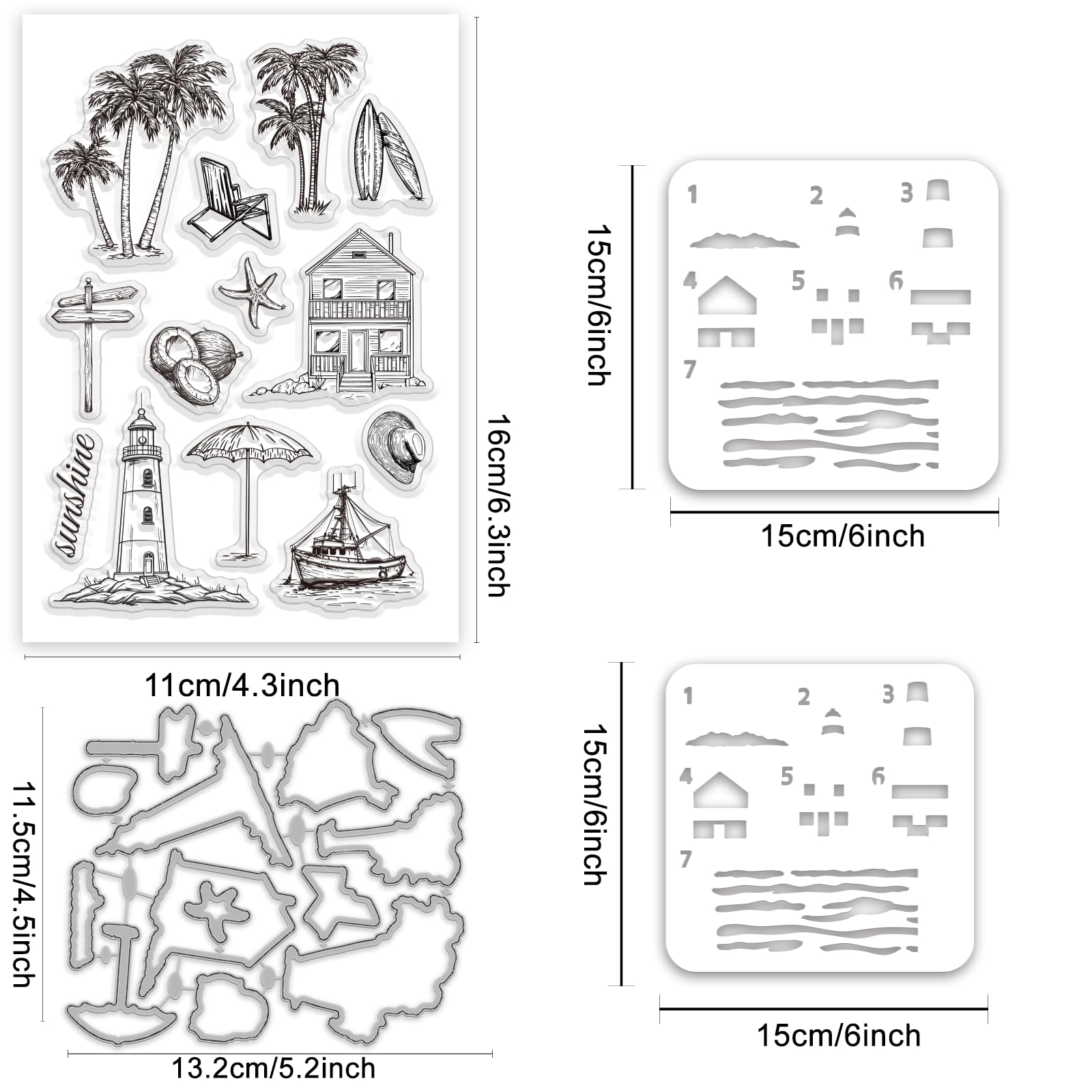 INFUNLY Summer Beach Clear Stamp and Metal Die Cut Set Ocean Theme Transparent Seals for Card Making Layered Color Coating Stencils Coconuts Trees Lighthouse Boats Stamps and Dies for DIY Scrapbooking - Image 2