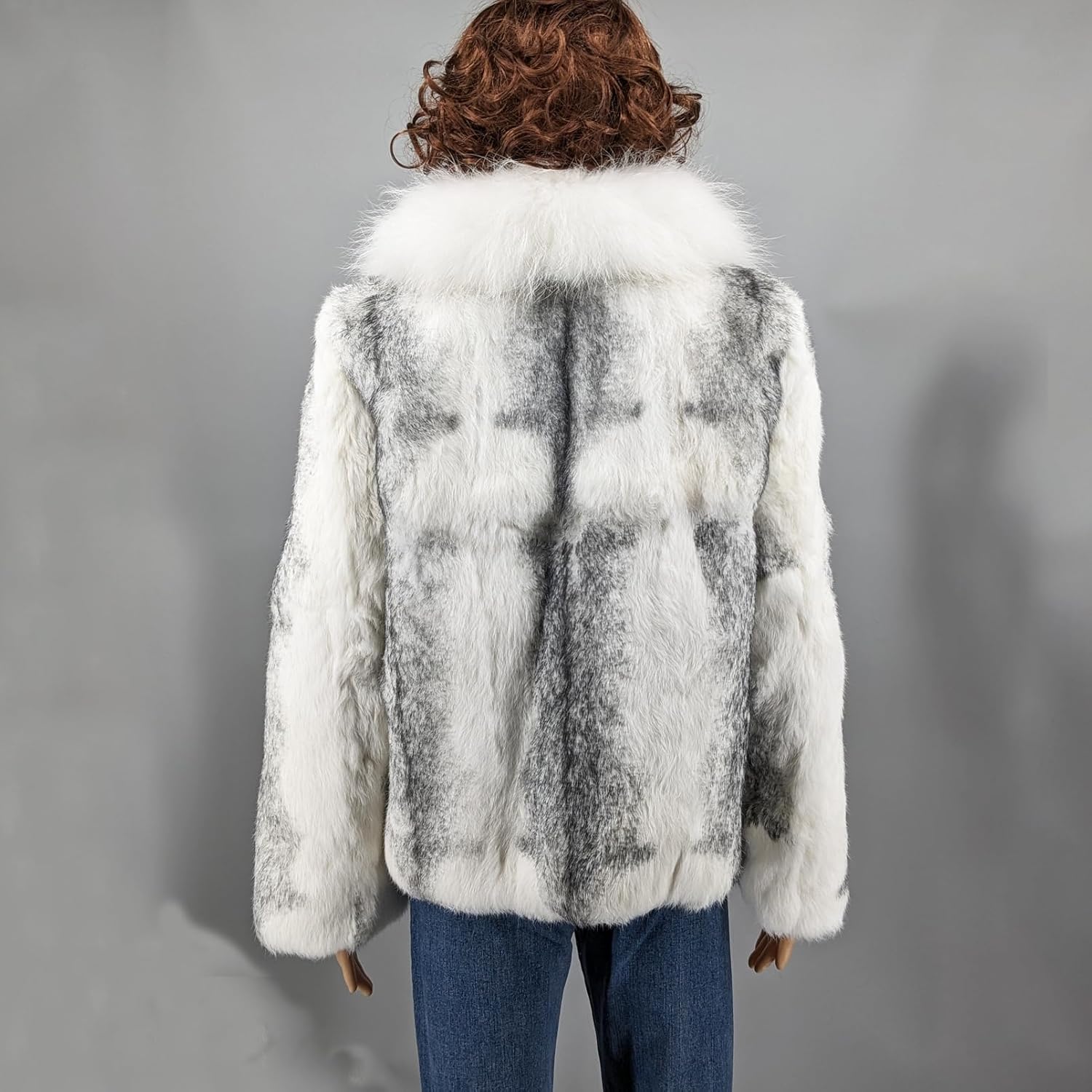 LVCOMEFF Women Real Rabbit Fur Coat with Genuine Fox Fur Collar Animal Print Furry Fluffy White Color?