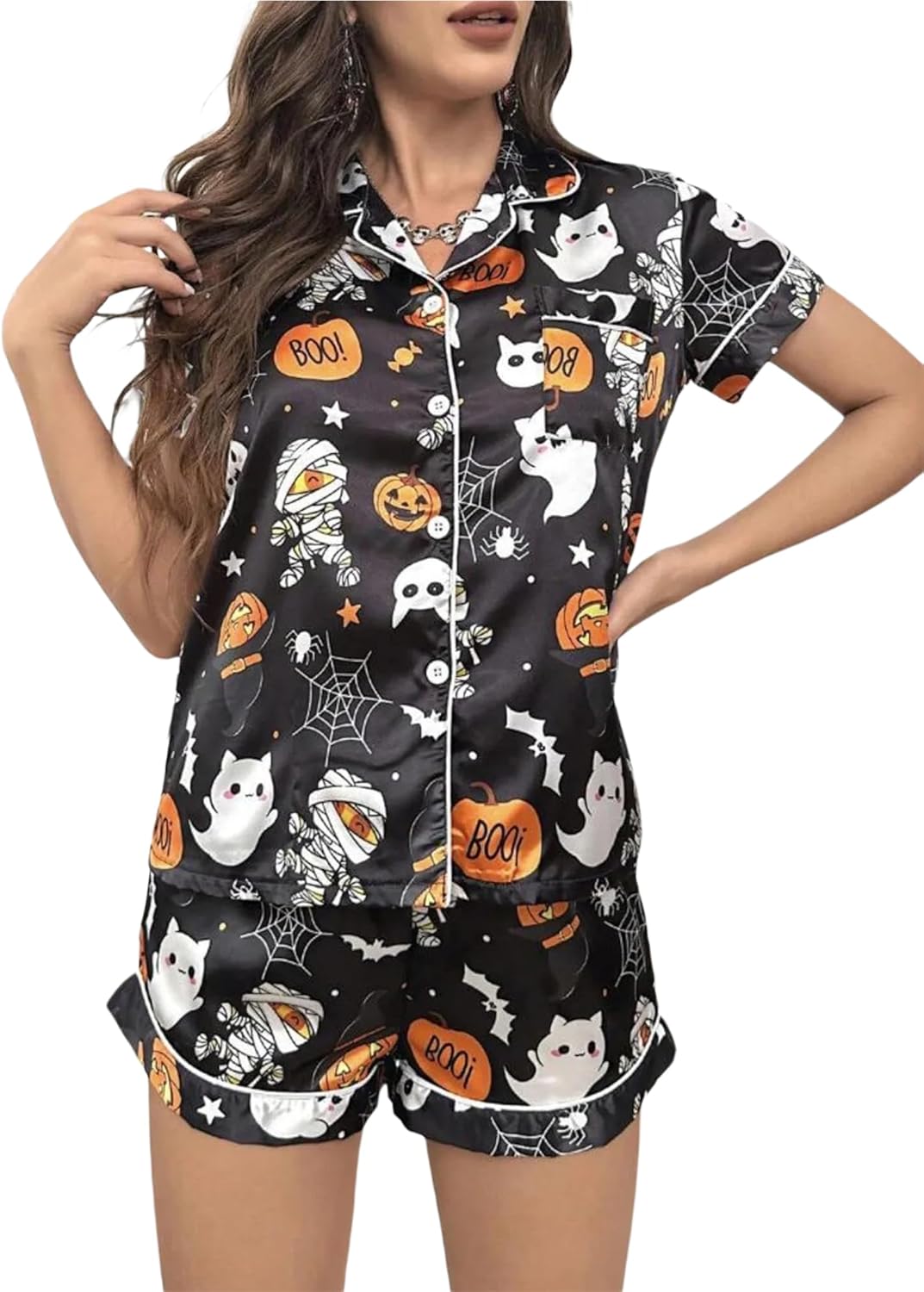 Women 2Pcs Halloween Silk Satin Lounge Sets Ghost Pumpkin Button Top Short Pajamas Set Loungewear Sleepwear