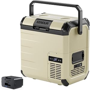 EENOUR 車載冷蔵庫 D18 18L -20℃～10℃ バッテリー1個付き 小型 両開きフタ コンプレッサー式 5WAY電源対応 AC100V DC12V/24V 電池 ポータブル冷蔵庫 コードレス式 急速冷凍 省エネ 静音 軽量 コンパクト LCD温度表示 庫内灯・排水口付き 家庭アウトドア両用 キャンプ 車中泊 一人暮らしに大活躍