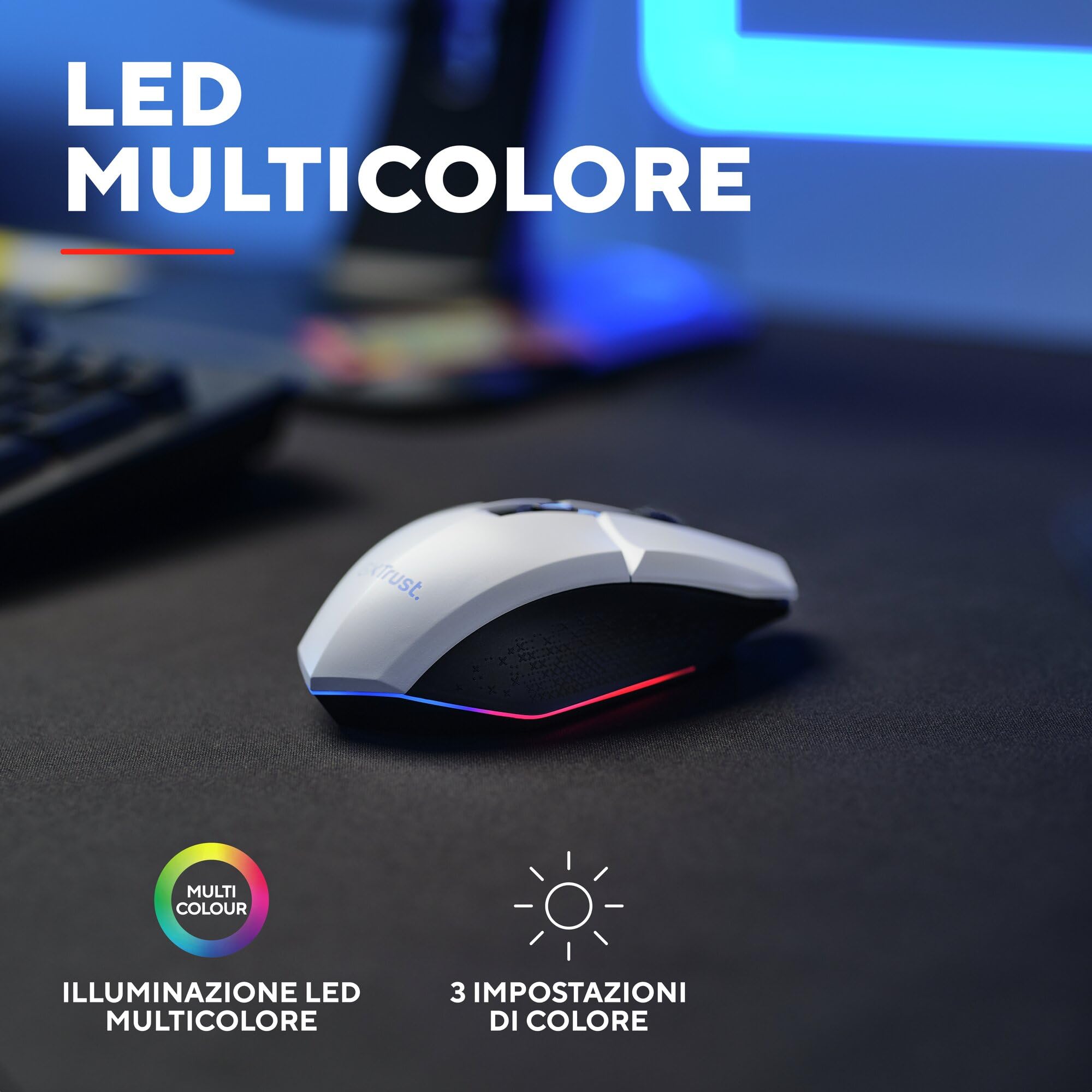 GXTrust 1108W Vylax Mouse Gaming Wireless Ricaricabile, 80 Ore di Autonomia, 800-4800 DPI, Illuminazione LED, Ricevitore USB Riponibile, 6 Pulsanti, Mouse Senza Fili RGB per Computer Laptop, Bianco