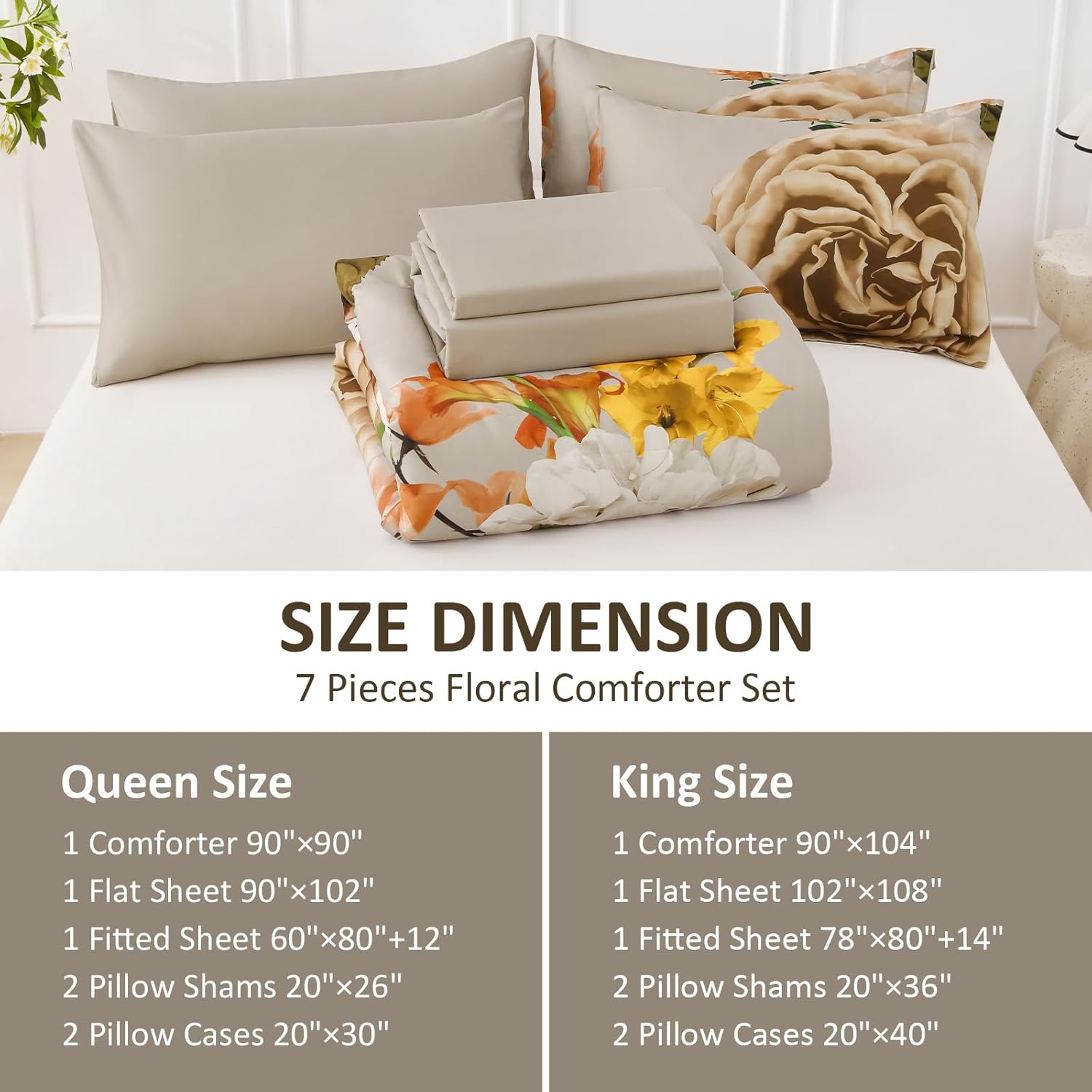 Drucon Brown Floral Comforter Set Queen, 7 Pieces Bed in a Bag Botanical Floral Comforter Soft Microfiber Brown Bedding Set Queen Size Bed with Sheet and Pillowcase