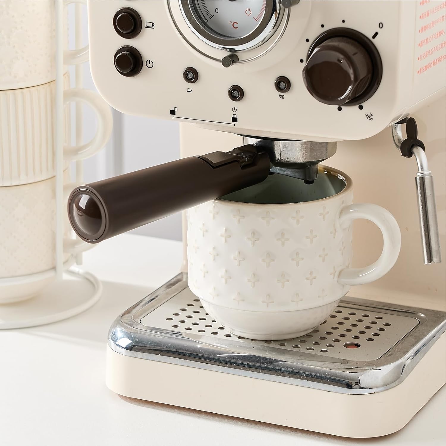 JIEMEI HOME Large Ceramic Coffee Mug Set of 4 with Stand, 15 Oz Stackable Different Embossment Ribbed Latte Cup Set for Cappuccino, Tea, Hot Cocoa, Drinks - Dishwasher & Microwave Safe, White & Green - Image 3