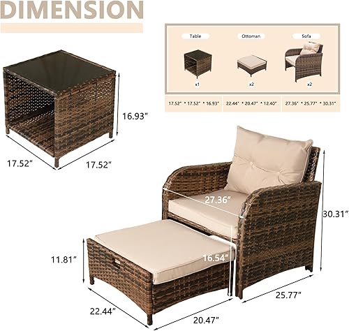 Miniatura 6 de Sillas de patio al aire libre de 5 piezas con otomanas, muebles de mimbre de polietileno para exteriores con reposapiés, juego de muebles de porche