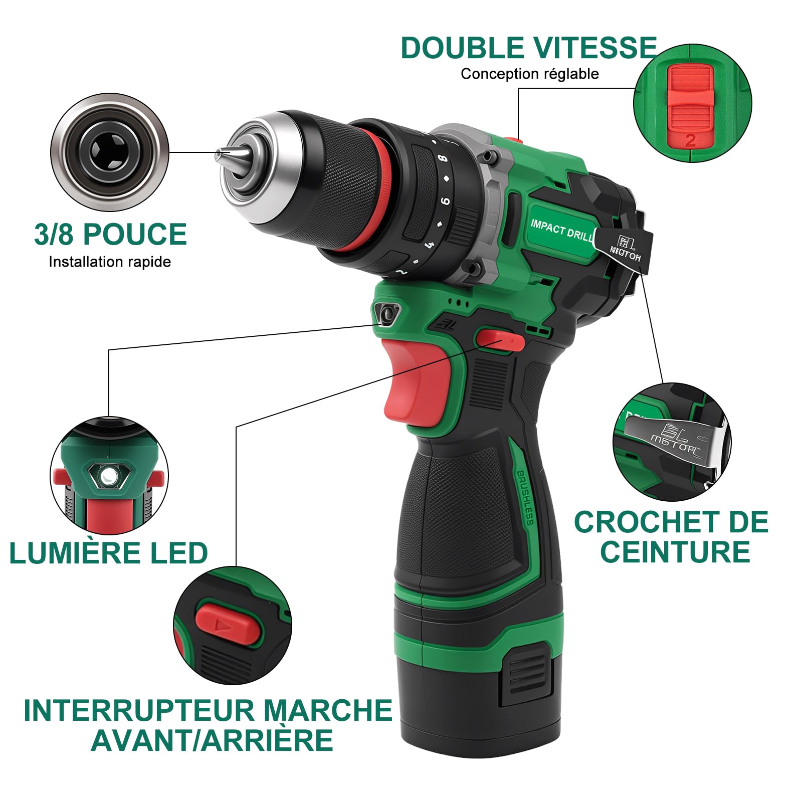 Perceuse Visseuse Percussion Sans Fil, 16,8V 50Nm Mini Visseuse Devisseuse Sans Fil Avec 2 Batteries 2.0Ah, chargeur, 20+1 RéGlages De Couple, 2 Vitesses, 10mm Porte-Forets Pour Vissage,Perçage