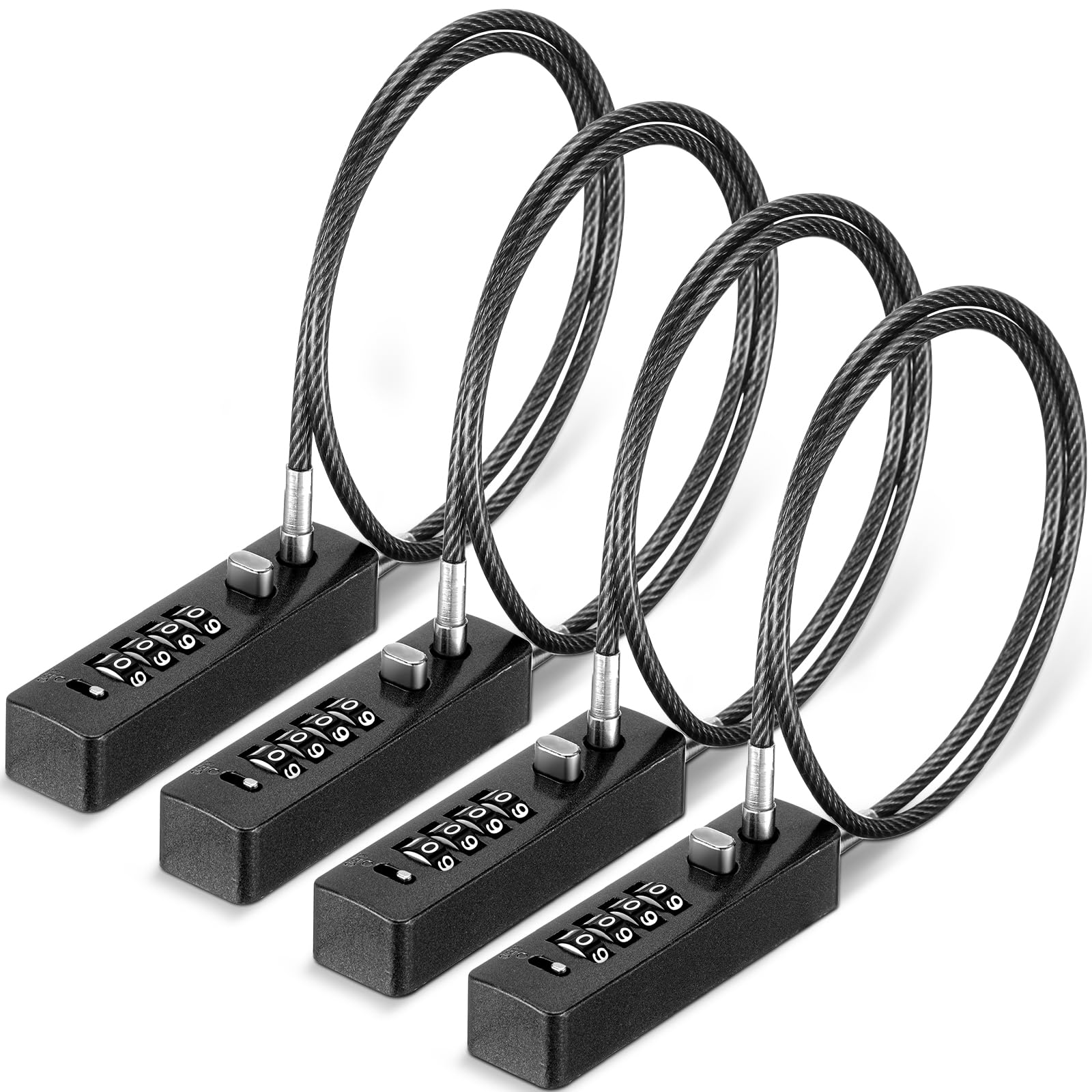 Hicarer 4 Pcs 23-3/5 Inch Length Cable Locks with Combination 4 Digit Resettable Security Lock for Bikes Lockers Bicycle Wardrobes File Cabinets Gate Fences Anti Theft Locks, 3/16" Diameter