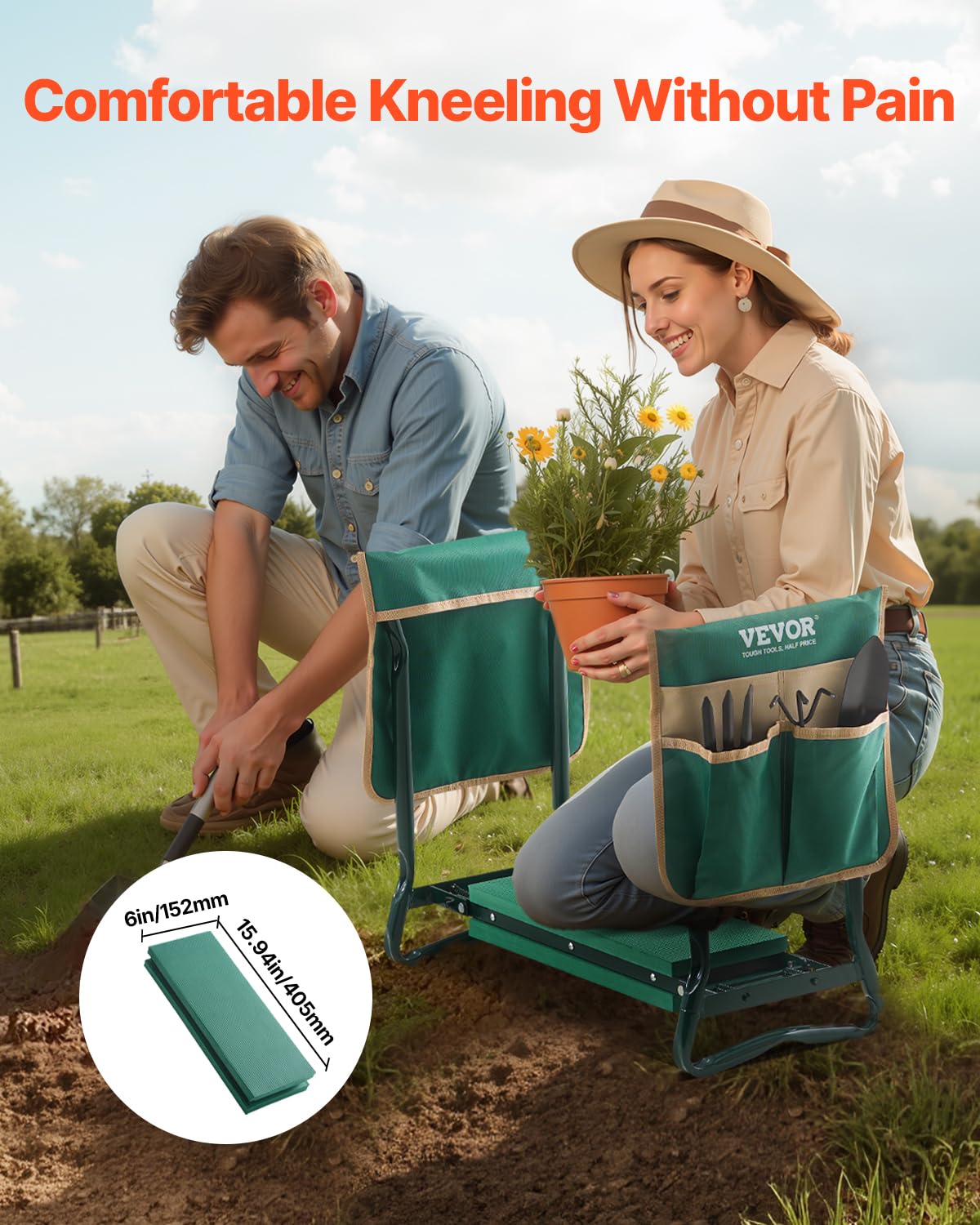 VEVOR Inginocchiatoio Sedile da Giardino, 152 mm Larghezza, Sgabello Robusto Giardino Pieghevole con 2 Borse per Attrezzi, Allevia Dolore al Ginocchio alla Schiena, Panca Giardino Portatile