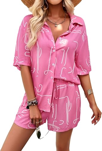 Xixiuly Womens Summer 2 Piece Outfits Lounge Sets Floral Short Sleeve Button T-Shirt Top High Waist Shorts Casual Tracksuit
