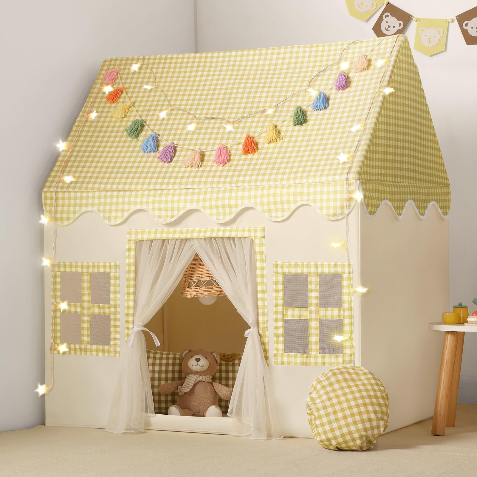 Kids Play Tent Indoor: Mat, Tassel Garland, Star Lights - Yellow Checkered Boys Tent Playhouse for Girls Kids Toys for Boy Girl Birthday Gift