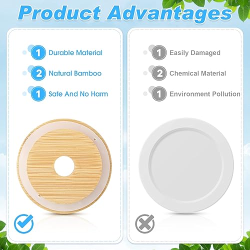 Miniatura 9 de Tapas de tarro de bambú con agujero para pajita, tapas reutilizables para tarros de bambú a prueba de fugas, tarros de almacenamiento para beber,