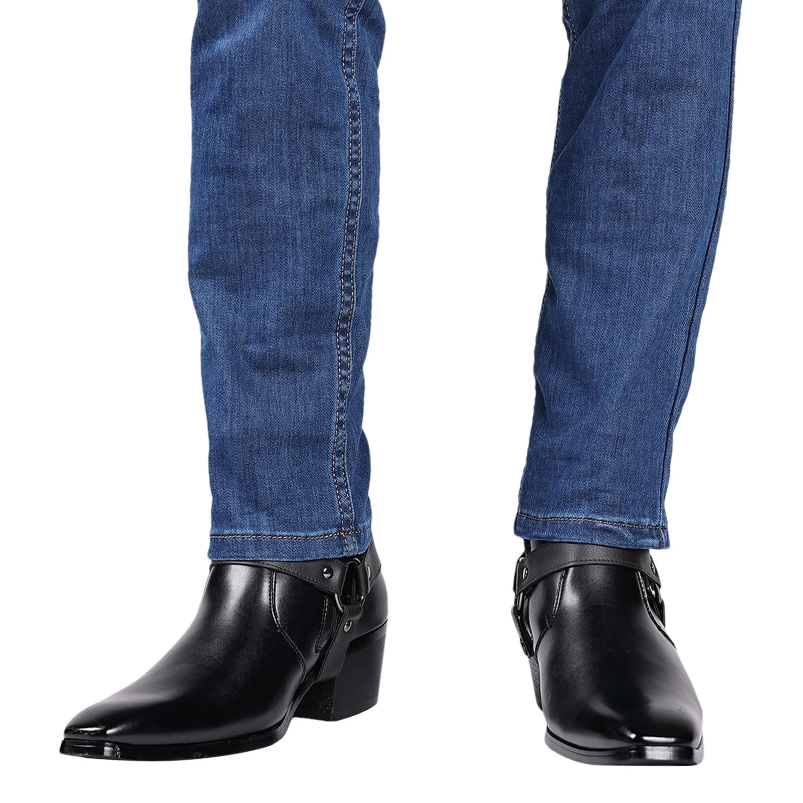 ANUFER Herren 5cm Blockabsatz Seitenreißverschluss Stiefeletten | PU-Leder, Cooler Punk-Stil, Nietriemen, Quadratischer Zeh, Elegante Stiefelschuhe