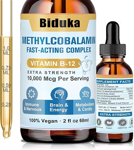 Gotas líquidas sublinguales de vitamina B12 de 10,000 mcg, fórmula única con D3, B9 (ácido fólico), calcio, energía de apoyo, corazón, estado de