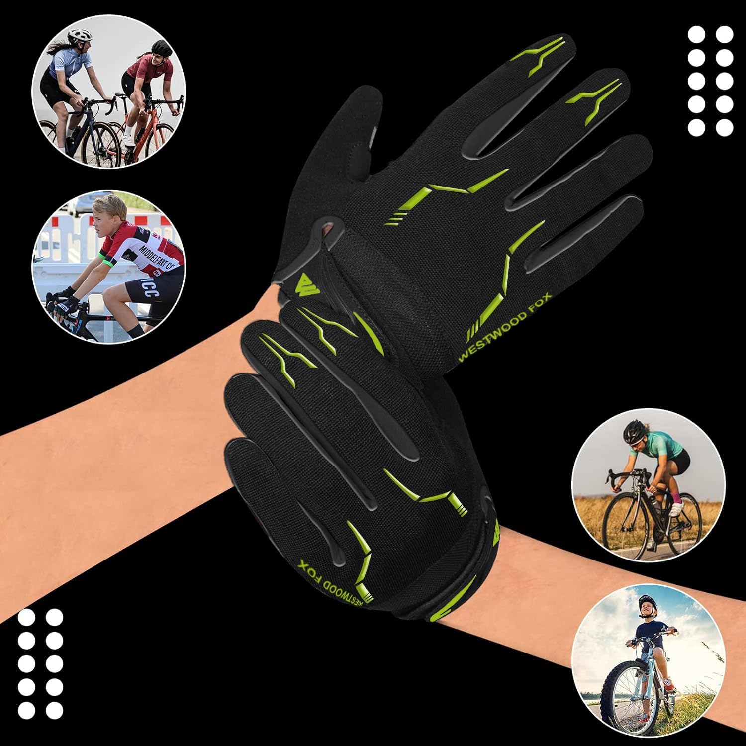 WESTWOOD FOX WFX - Guanti da ciclismo a dita intere, per mountain bike, touchscreen, guanti da MTB, imbottiti, antiscivolo, per ciclismo su strada, per uomini e donne