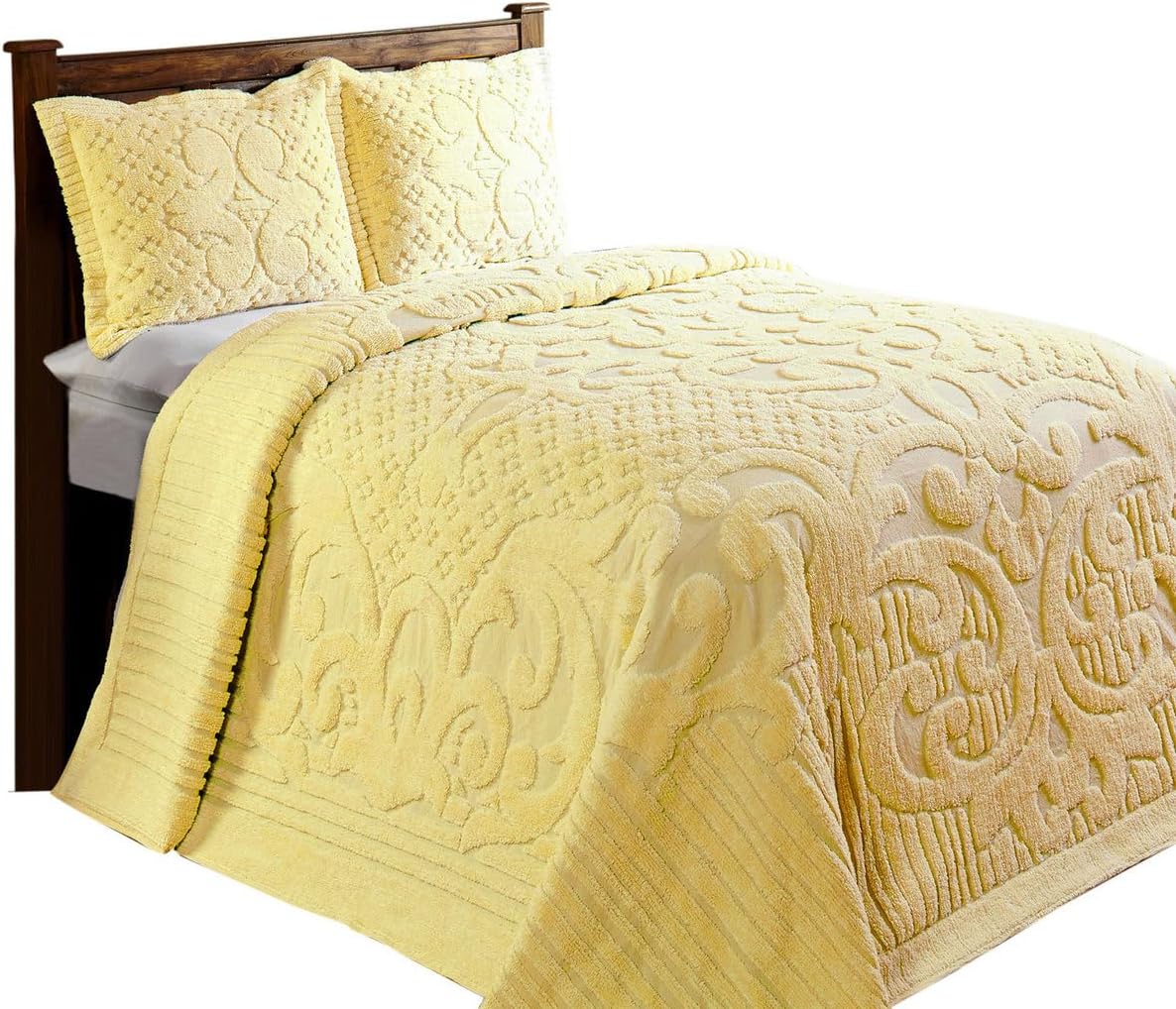 Elegant Intricated Texture Medallion Pattern100% Cotton 1 Piece Tufted Chenille Bedspread King Size | All Season Lemon Yellow Western Bedding Aesthetic Look Luxury Coverlet Soft Cozy Plush Feel