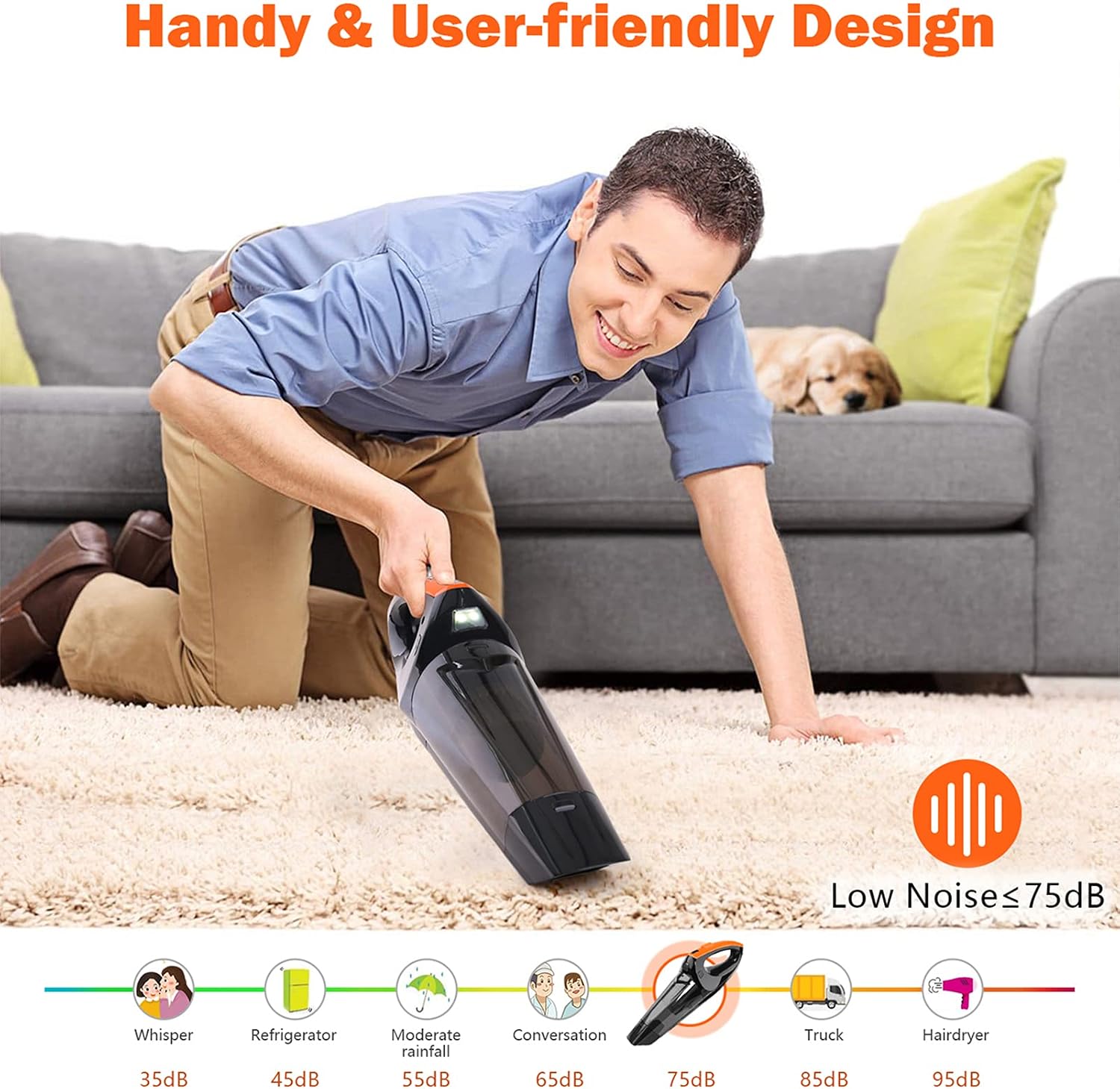 VCPW Portable Handheld Vacuum Cordless Cleaner - High Power Suction Wireless Vacuums Cleaners Powered by Battery Rechargeable - Mini & Small Hand Held Vac for Home Pet Hair Car Cleaning, Orange