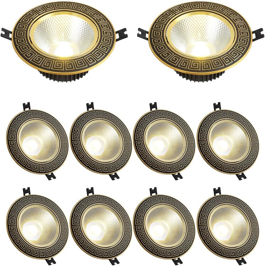 10 Pack LED Downlight 12W,15W,18W CRI80 Dimmable COB Recessed Ceiling Light Cut-Out 120mm-140mm 3 Color Temperatures in 1, Brass Recessed LED Spotlight