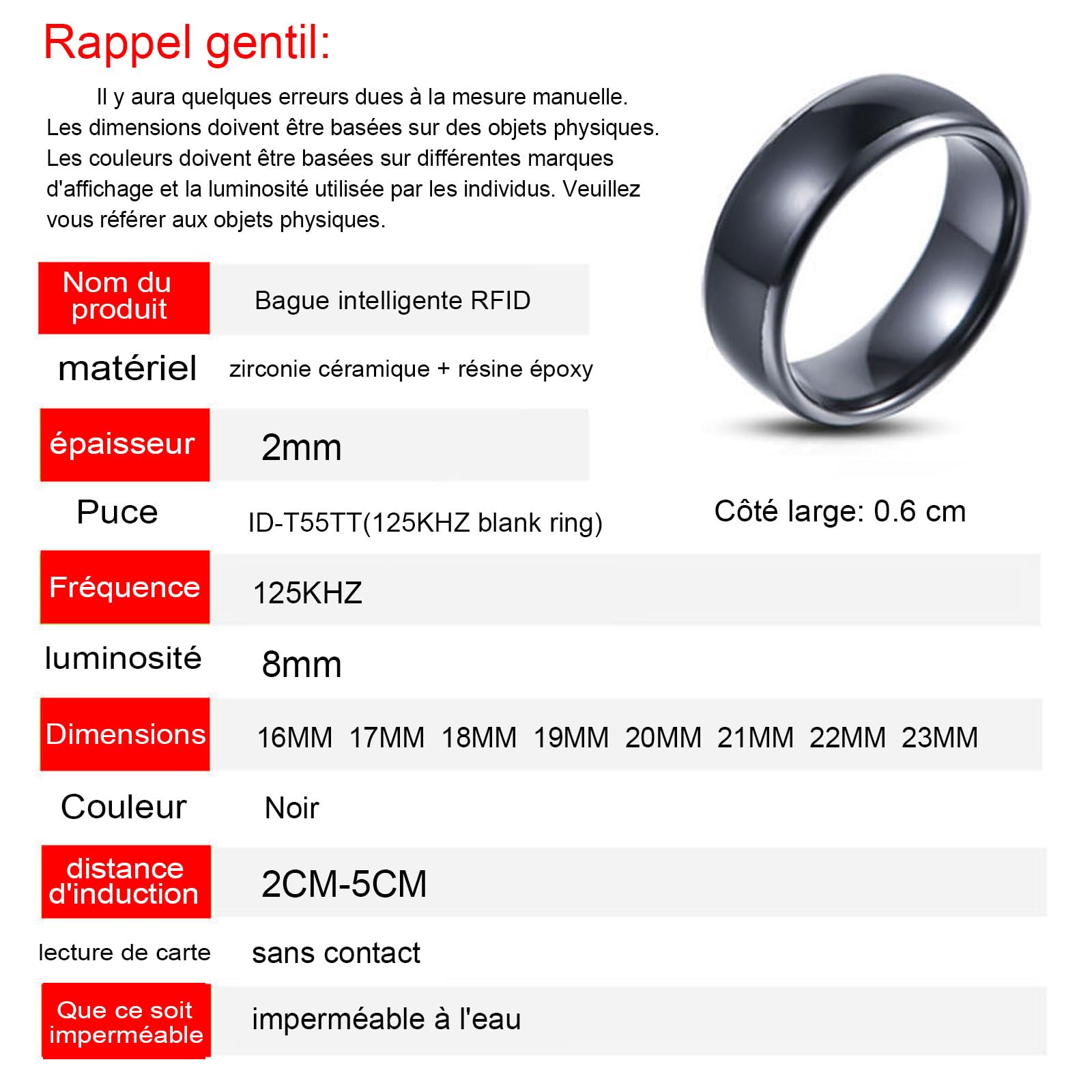 t5577 Chip RFID negro cerámica inteligente dedo reescritura anillo ID para hombres y mujeres desgaste