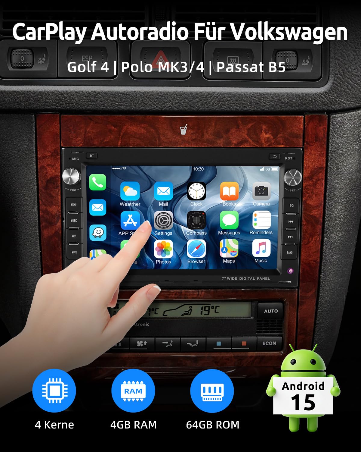 ESSGOO Drahtloses Carplay und Android 4+64G Android 15 Auto Autoradio Für VW Polo MK3/4 9N Golf 4 Passat B5 T5 Seat Skoda, 7 Zoll Touchscreen mit Bluetooth FM RDS GPS WiFi - 2
