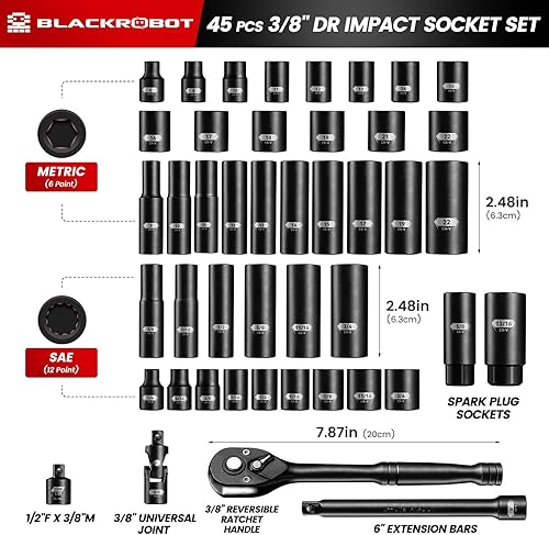 Miniatura 3 de BLACKROBOT Juego de llaves de impacto de 38", 45 piezas SAE estándar (14" a 34") y métricas (0.236-0.866 in), mango de trinquete de 72 dientes,