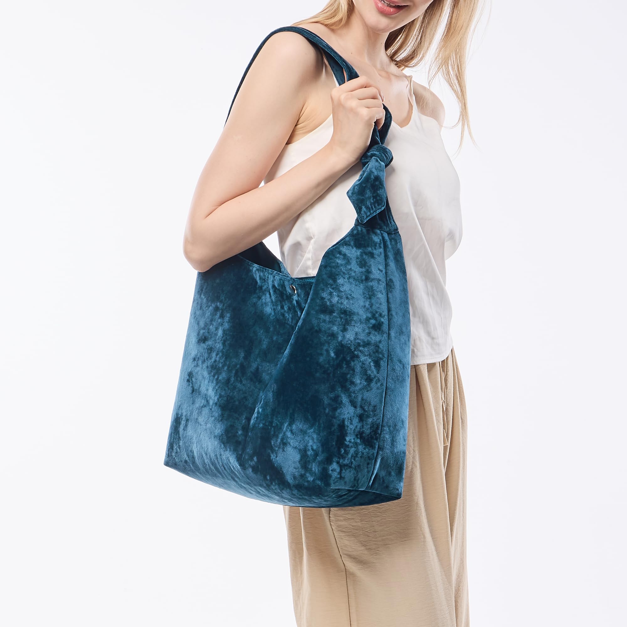 Lake Blue Hobo Velvet Tote Bag for Women Large Plushed Shoulder Bag with Bow Adjustable Buckle Closure for College Travel Brushed Lightweight Soft Handbag for Girls Gift
