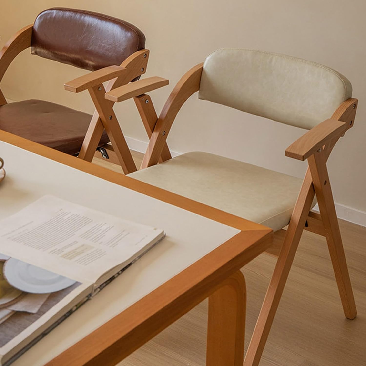 Folding Dining Chairs with Armrest, Wooden Foldable Chair with Padded Seats for Kitchen Office Wedding Party, Capacity 120kg(Dark Brown (Cotton Linen))