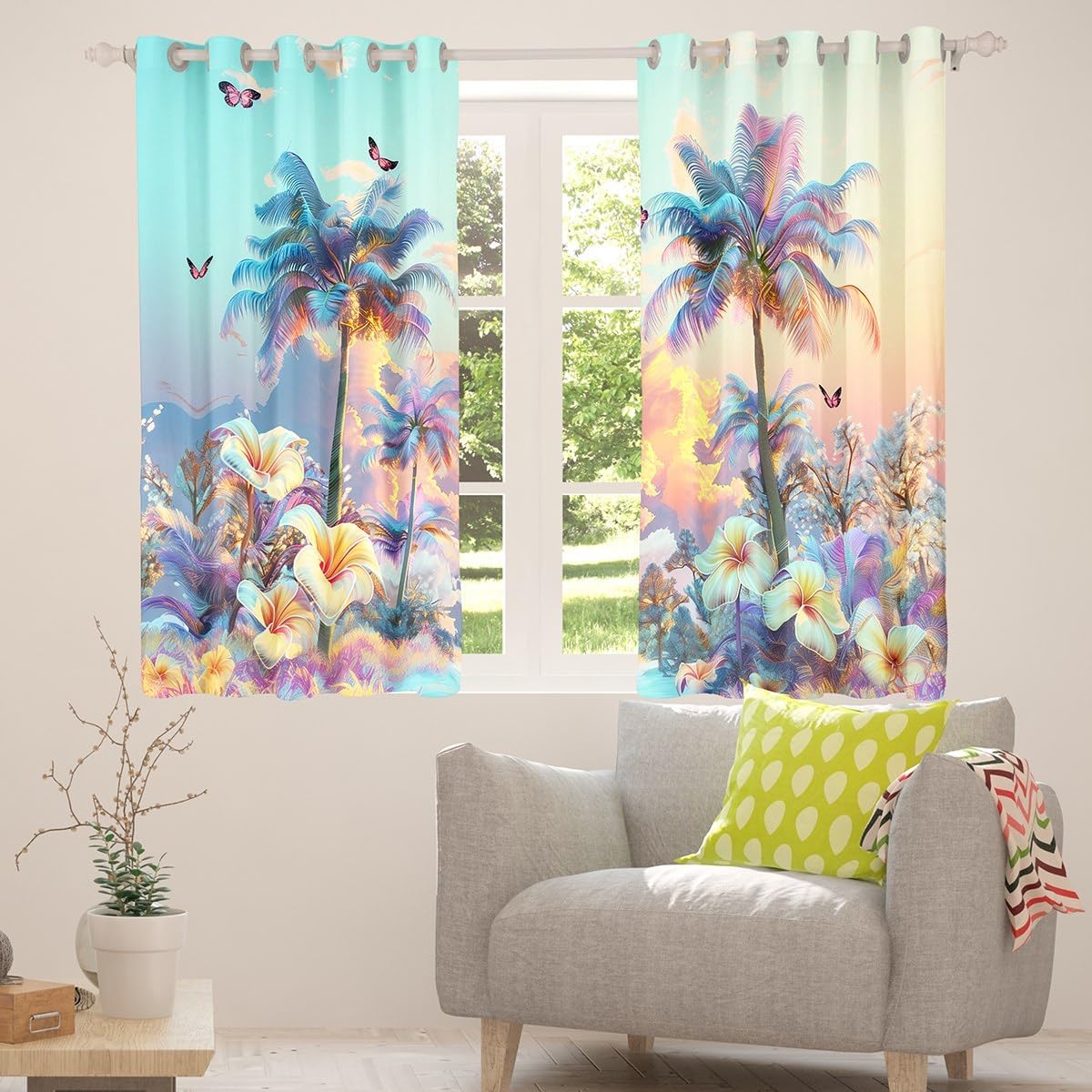 Manfei Plam Trees Blackout Curtain Summer Beach Flower Butterfly Window Drapes, Tropical Theme Window Treatments, Kids Boys Girls Room Decor, Grommet Top 2 Panel Set Bedroom Curtains, 52Wx84L inch