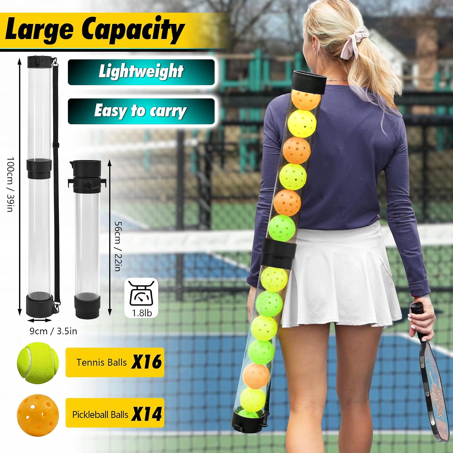 Pickleball Picker Upper Ball Holder, Pickleball Ball Picker Hopper Tube, Pickleball Pickup Tube - Lightweight Pickleball Retriever Collector with Shoulder Strap