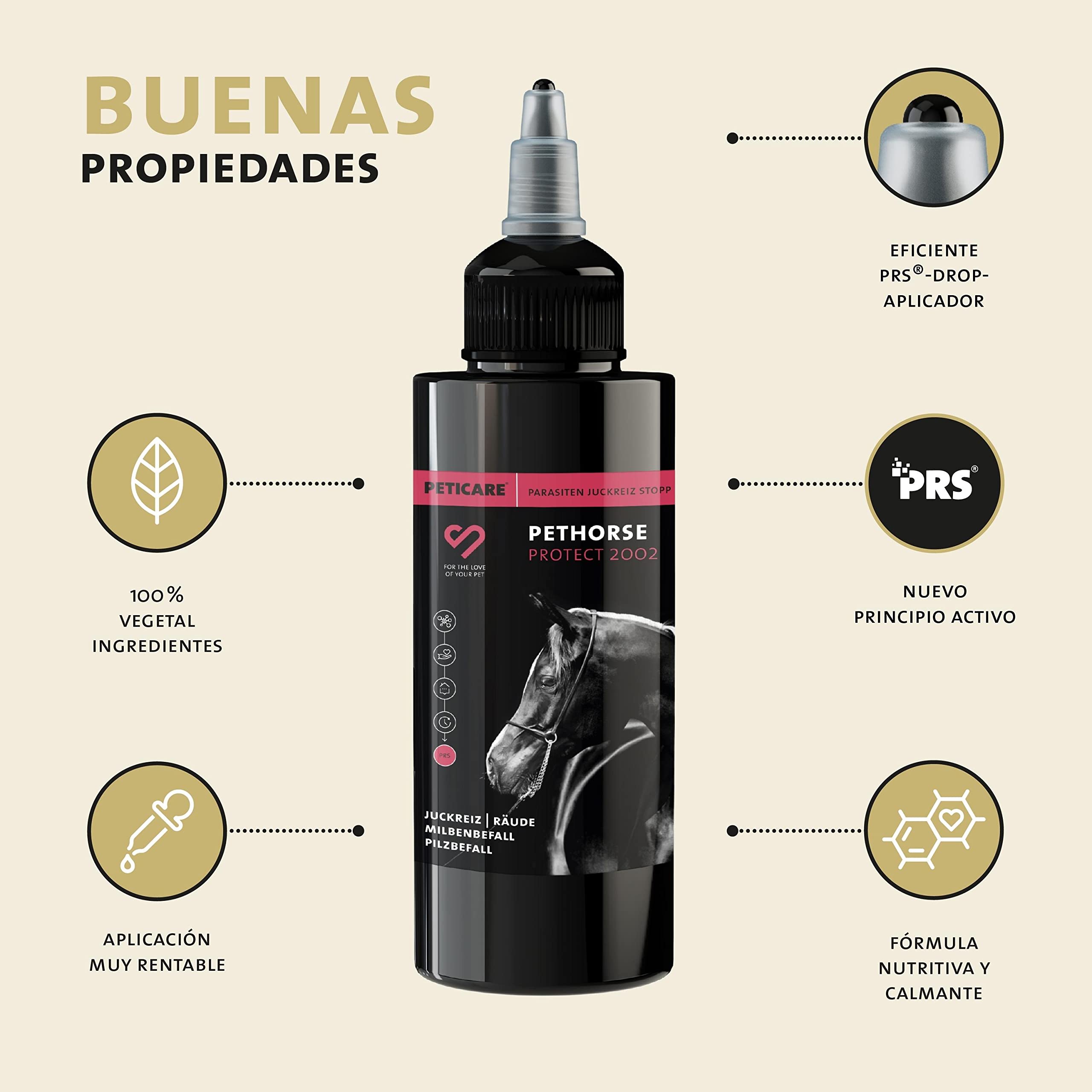 Peticare Caballo Locion Anti-Acaros, para Picores, Ataque de Hongos y Anti-Pulgas - Tratamiento Eficaz, Detiene la Picazon Fuerte, Productos de Cuidado - petHorse Protect 2002