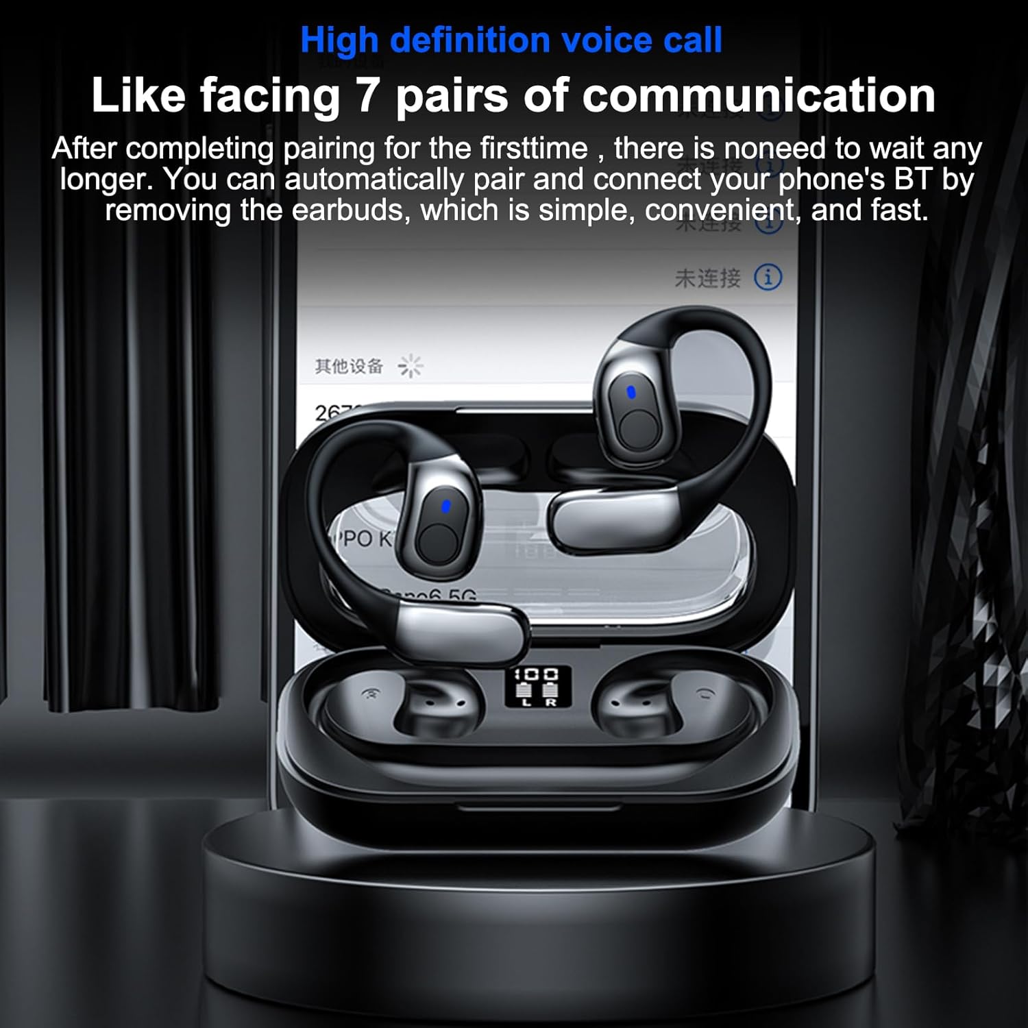 Docooler BT5.4 Wireless Earhook Headphones in charging case, showing pairing process on a phone screen