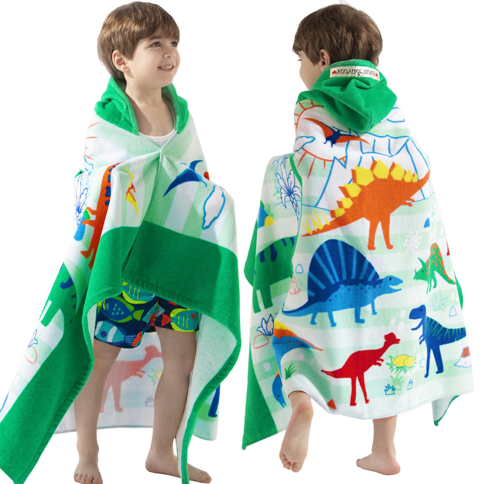 VOOVA & MOVAS Large Kids Hooded Towels | Soft Cotton (30X50 inches) Beach, Bath, Pool Towel with Hood | Summer Beach Stuff for Boys&GirlsAges 3-10 for Toddler,Jungle Dinosaur | Dino | 50"x30", Beach Pool Bath Towel,Gift for Kids,Wearable Towel,Thick,Ultra Gentle,Machine Washable Durable,Safe Materials Green Jungle Dinosaur 50.00''x30.00''(3-8 Years)