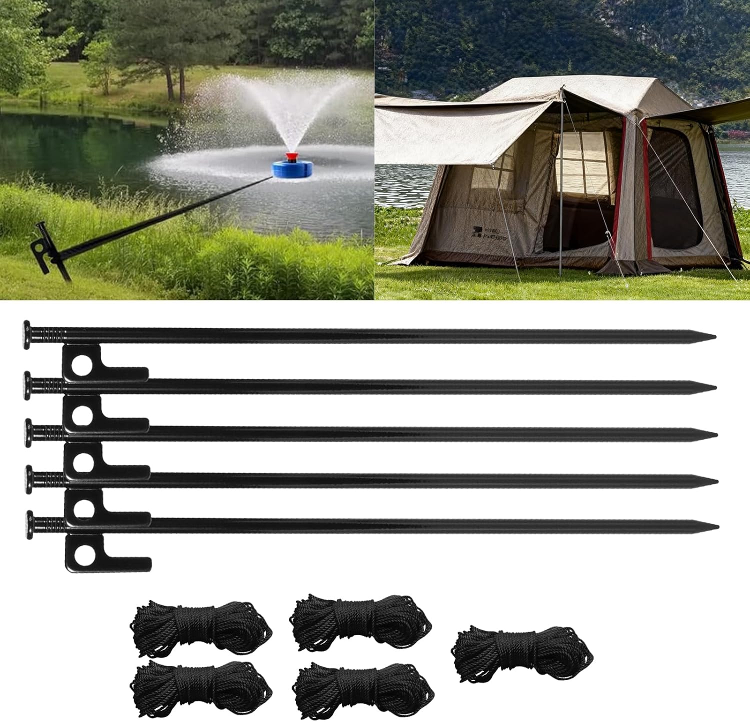 Pond Fountain Aerator Installation Accessories: 5 Metal Ground Stakes and 5 101-foot Braided Nylon Guy Ropes with Stakes and Ropes, Suitable for Camping Tents, awnings, and Fountain aerators