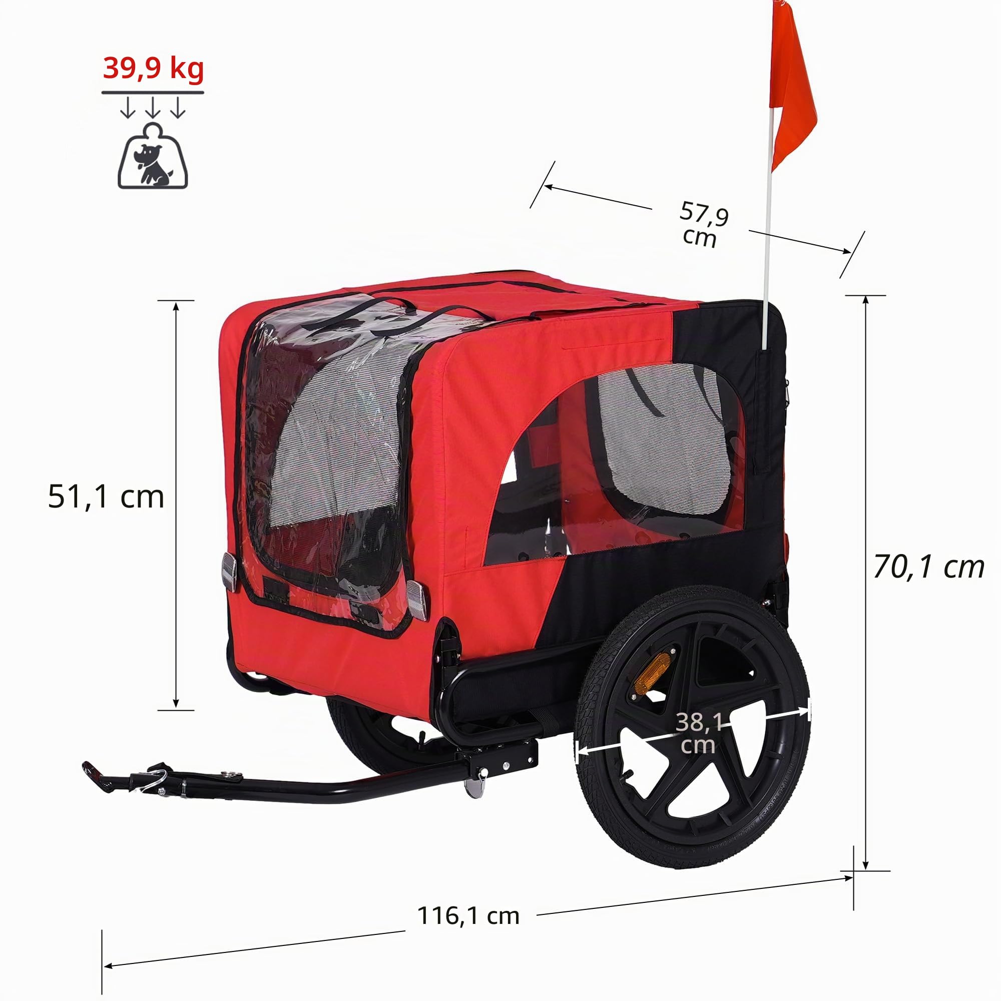 DlandHome Hundeanhänger, faltbar und anpassbar, Kinderwagen für Haustiere, mit Vorderrad, Reflektoren, Fahrradträger, faltbar, aus Oxford-Stoff, Belastung: 40 kg, Rot