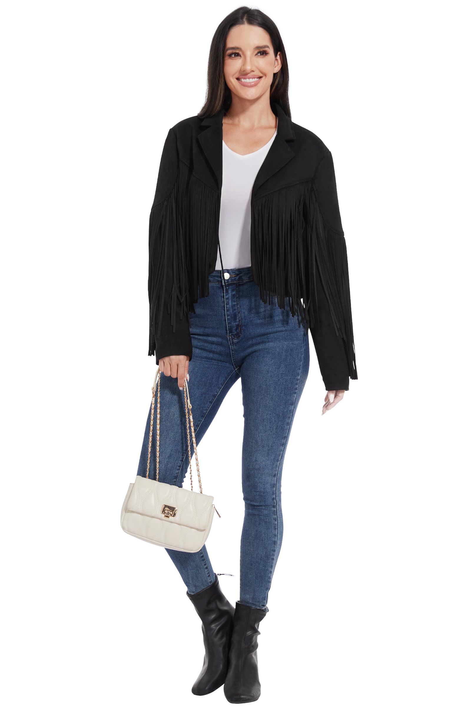 Fahsyee Giacche da donna in pelle con frange - Camoscio Faux Motocycle Biker Cappotto corto Vegan Blazer Pleather Moda nappa S-XXL
