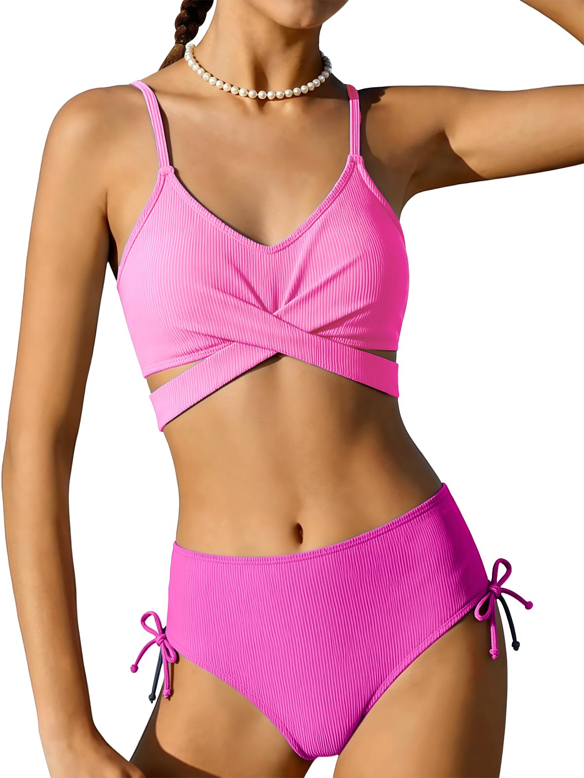 Girls 2 Piece Swimsuit Hawaiian Criss Cross Bikini Bathing Suit Summer Beach Swimwear with Chest Pad 7-16T