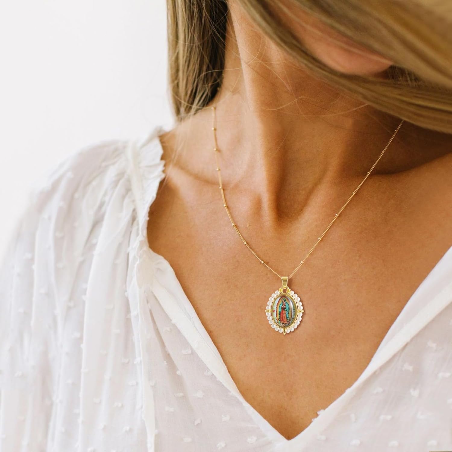 KOMI Virgin Mary Jesus St Michael Pendant Necklace for Women Dainty 18K Gold Plated Saint Medal with Pearl Protection Necklace Catholic Religious Jewelry - Image 6